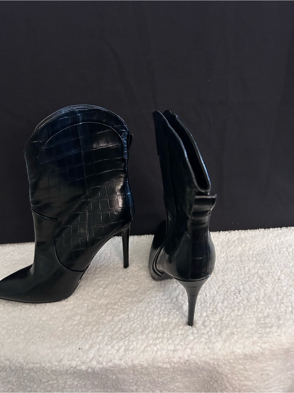 Anne Michelle Black Croc-Embossed Pointed Stiletto Ankle Boots